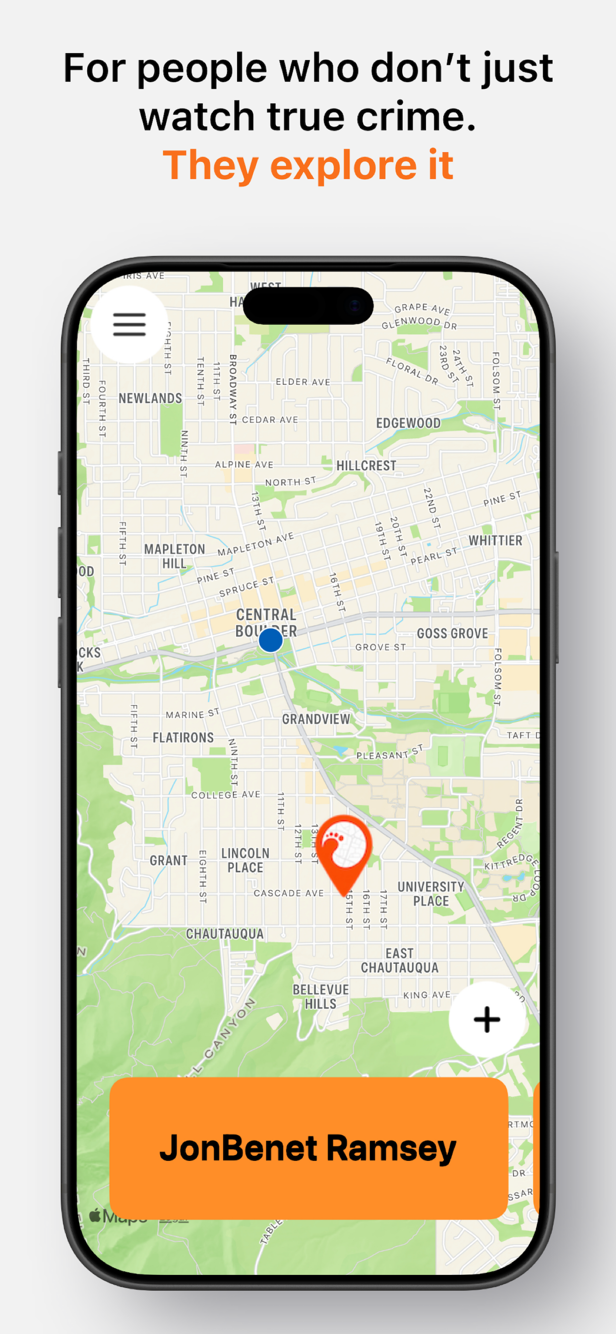 The Murder Maps map view: case pins on a street map with the JonBenet Ramsey case selected