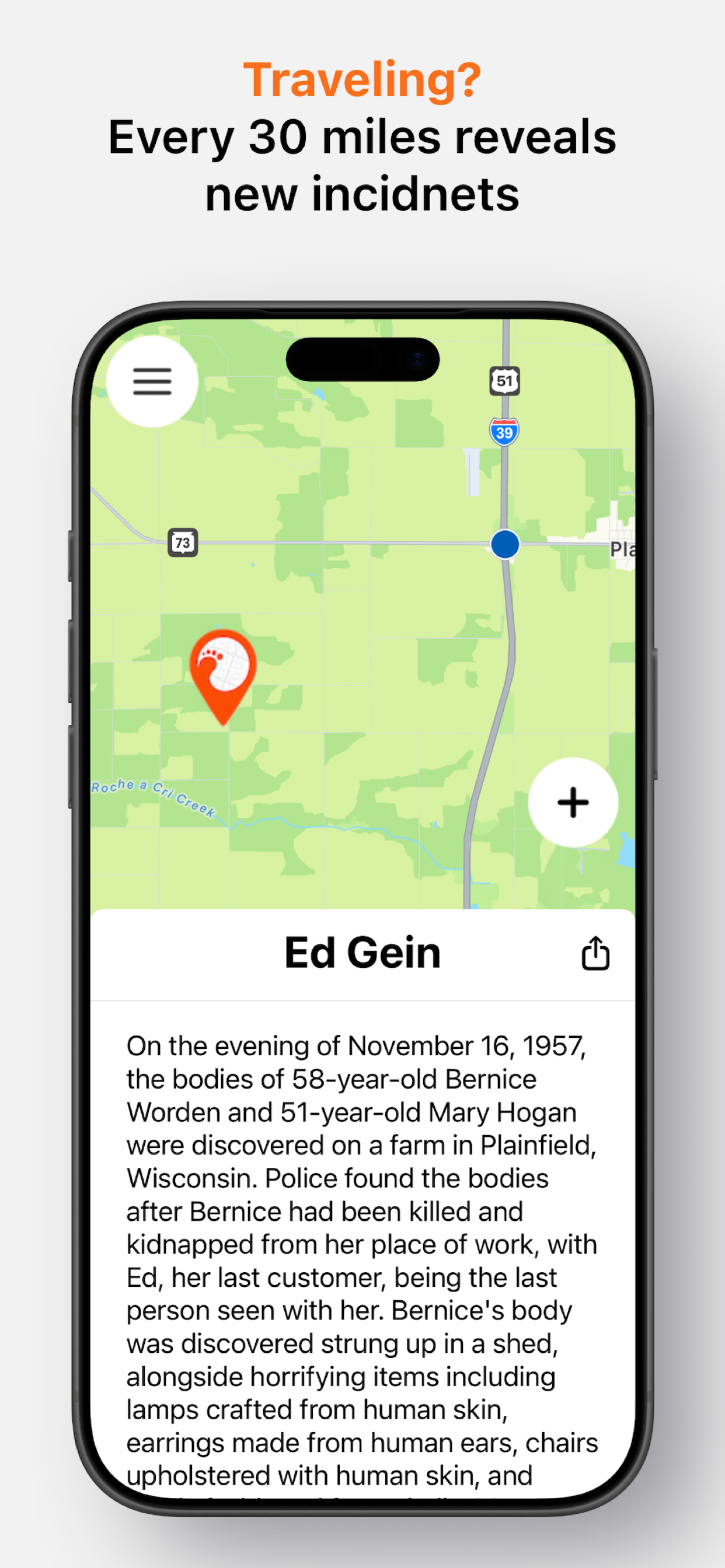 A case detail sheet for Ed Gein, with the full write-up of the case below the map